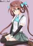  1girl anti_(untea9) arm_warmers asagumo_(kantai_collection) black_legwear blue_bow bow brown_hair brown_shoes collared_shirt frown green_eyes grey_background grey_skirt hair_bow hair_ornament hands_on_own_knees highres kantai_collection loafers long_hair looking_at_viewer pleated_skirt shirt shoes simple_background sitting skirt solo suspenders thigh-highs twintails twitter_username white_shirt 