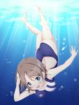  1girl blue_eyes brown_hair bubble fish highres looking_at_viewer love_live!_school_idol_project love_live!_sunshine!! numpopo one-piece_swimsuit open_mouth salute short_hair smile solo sunlight swimsuit underwater watanabe_you water 