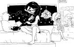  2girls adrian_c aori_(splatoon) bed dress fangs greyscale hotaru_(splatoon) long_hair mirror mole mole_under_eye monochrome multiple_girls open_mouth plant pointy_ears skyline splatoon tentacle_hair tower 