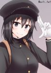  &gt;:) 1girl akitsu_maru_(kantai_collection) anti_(untea9) black_eyes black_hair blush gakuran gloves grey_background hat highres kantai_collection salute school_uniform simple_background solo twitter_username two-finger_salute white_gloves 