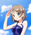  1girl blue_eyes blue_sky breasts brown_hair clouds highres looking_at_viewer love_live!_school_idol_project love_live!_sunshine!! m-shiganai one-piece_swimsuit salute short_hair sky smile solo sunlight swimsuit watanabe_you 