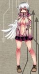  1girl alternate_costume angel_wings aoshima bare_shoulders breasts cleavage dress highres kishin_sagume large_breasts long_sleeves navel no_bra open_clothes open_dress print_dress red_eyes short_dress silver_hair single_wing solo touhou wings 