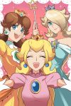  3girls aqua_dress aqua_eyes bare_shoulders blonde_hair blue_eyes brown_hair closed_eyes crown dress earrings elbow_gloves flower_earrings gloves hair_over_one_eye highres jewelry long_hair super_mario_bros. multiple_girls open_mouth pink_dress princess_daisy princess_peach rosetta_(mario) sally_(luna-arts) smile super_mario_bros. super_mario_galaxy wand white_gloves yellow_dress 