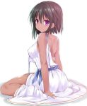  1girl bare_shoulders breasts brown_hair dark_skin dress idolmaster idolmaster_cinderella_girls large_breasts looking_at_viewer looking_back natalia_(idolmaster) partially_undressed sen_(astronomy) simple_background sitting smile solo violet_eyes wariza white_background white_dress 