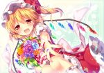  1girl blonde_hair blush bouquet bow dress fang flandre_scarlet flower hat hat_bow looking_at_viewer mob_cap open_mouth outstretched_hand petals puffy_short_sleeves puffy_sleeves red_dress red_eyes riichu sash shirt short_sleeves side_ponytail smile solo touhou wings wrist_cuffs 