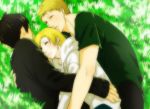  1girl 2boys annie_leonhardt bertholt_fubar black_hair blonde_hair closed_eyes grass hug lying outdoors reiner_braun shingeki_no_kyojin sleeping white_stone 