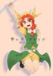  1girl arm_up bangs clenched_hand full_body green_vest hat highres jumping orange_(touhou) parted_bangs red_eyes redhead short_hair short_shorts shorts signature simple_background solo thigh_gap touhou touhou_(pc-98) vest yellow_hat yomio 