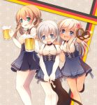  3girls :d alcohol anchor_hair_ornament anchor_symbol anju_(meipurusanchi) beer beer_mug blonde_hair blue_eyes cat commentary_request fang flower flying_sweatdrops german_clothes hair_flower hair_ornament kantai_collection long_hair multiple_girls open_mouth pretzel prinz_eugen_(kantai_collection) ro-500_(kantai_collection) short_hair short_sleeves silver_hair smile tan z1_leberecht_maass_(kantai_collection) 