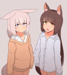  &gt;:o 2girls :o animal_ears brown_hair ears_down expressionless flat_chest fox_ears fox_tail grey_background highres lavender_eyes long_hair looking_at_viewer multiple_girls naked_shirt nao_(ritsancrossover) original shirt silver_hair simple_background skirt sweater tail 