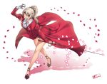  1girl blonde_hair claws earrings grey_eyes high_heels highres jewelry jjune juliet_sleeves long_sleeves looking_at_viewer mole mole_under_mouth original petals ponytail puffy_sleeves scrunchie shirt solo sword tailcoat weapon 