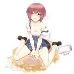  1girl accident alcohol alternate_costume beer beer_mug blush brown_eyes brown_hair collarbone crying dirndl foam full_body german_clothes hat kantai_collection looking_at_viewer nakadori_(movgnsk) off_shoulder oktoberfest open_mouth puddle short_hair simple_background sitting solo tears translation_request v_arms wariza white_background z3_max_schultz_(kantai_collection) 