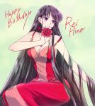  1girl absurdly_long_hair bare_shoulders bishoujo_senshi_sailor_moon black_hair character_name dress flower green_background happy_birthday hino_rei holding jewelry long_hair looking_afar necklace parted_lips princess_mars red_dress red_rose rose simple_background sitting t_growing very_long_hair violet_eyes 