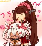 2girls :d brown_hair budget_sarashi flower flower_on_head glasses headgear kantai_collection kobone long_hair multiple_girls musashi_(kantai_collection) open_mouth ponytail sarashi silver_hair smile tan translation_request yamato_(kantai_collection) 