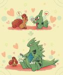  ! 2koma before_and_after blush comic directional_arrow flower flying_sweatdrops heart holding holding_flower larvitar no_humans pokemon pokemon_(creature) shiwo_(siwosi) spoken_exclamation_mark spoken_heart tyranitar vulpix 