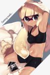 1girl armpits bike_shorts black_eyes blonde_hair etsuo eyebrows hat hat_removed headwear_removed inkling long_hair looking_at_viewer midriff navel socks solo splatoon tentacle_hair twintails undressing 
