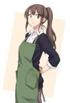 1girl apron arms_behind_back aya_shachou brown_eyes brown_hair character_request long_hair looking_at_viewer ponytail solo tying 