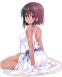  1girl bare_shoulders black_hair breasts dark_skin dress idolmaster idolmaster_cinderella_girls large_breasts looking_at_viewer looking_back natalia_(idolmaster) partially_undressed sen_(astronomy) short_hair simple_background sitting smile solo untied violet_eyes wariza white_background white_dress 