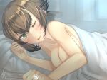  1girl 2015 ;p artist_request blush breasts brown_hair cleavage dated green_eyes highres jewelry kantai_collection large_breasts mutsu_(kantai_collection) one_eye_closed ring short_hair solo tongue tongue_out wedding_band 