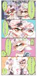  2girls aori_(splatoon) black_hair comic detached_collar domino_mask dress earrings fangs gloves hotaru_(splatoon) jewelry long_hair mask mole mole_under_eye multiple_girls nanai_(771nanai) object_on_head open_mouth pantyhose pointy_ears short_hair smile splatoon tentacle_hair translation_request 