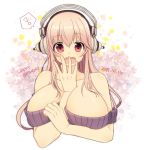  ! 1girl asazuke25 bare_shoulders between_breasts blush breasts cleavage covering_mouth hand_to_own_mouth headphones large_breasts long_hair looking_at_viewer nitroplus off-shoulder_sweater open_mouth pink_hair red_eyes solo spoken_exclamation_mark super_sonico sweater 
