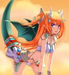  1girl :d arched_back beads between_breasts bikini_top blue_eyes clouds dragon_girl dragon_tail dragon_wings earrings facial_mark gem hair_ornament horns jewelry kawagoe_pochi leaning_forward long_hair looking_at_viewer midriff navel open_mouth orange_hair panties pendant pointy_ears scales shironeko_project skinny skirt sleeveless smile solo tail tail_ornament two_side_up underwear very_long_hair white_panties white_skirt wings wrist_cuffs 