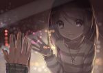  1boy 1girl brown_eyes brown_hair hands hmniao jewelry looking_at_viewer necklace open_mouth original smile sweater waving window 