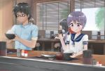  &gt;:) 1boy 3girls :d :q akebono_(kantai_collection) bell black_eyes black_hair blurry brown_eyes brown_hair canteen chair chopsticks commentary_request contemporary cup depth_of_field drinking_glass glasses hair_ornament highres holding kantai_collection long_hair miso_soup multiple_girls open_mouth pleated_skirt purple_hair racchi. rice rice_bowl school_uniform serafuku side_ponytail sitting skirt smile table tongue tongue_out violet_eyes water window 