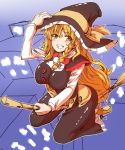  1girl blonde_hair blush bow broom broom_riding chin_(motio7201) clenched_teeth grin hair_bow hat holding holding_hat kirisame_marisa long_hair side_ponytail smile solo touhou very_long_hair witch_hat 