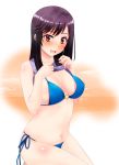  1girl bikini black_hair blue_bikini breasts cleavage commentary highres ichijou_hotaru looking_at_viewer navel non_non_biyori open_mouth red_eyes shirt_lift solo swimsuit weavehabit 