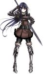  1girl black_gloves black_hair blue_eyes boots breastplate commentary_request gloves greaves hair_ornament hairclip hand_on_hip mugenshiki shorts_under_skirt solo sword sword_world sword_world_2.0 thigh-highs thigh_boots weapon white_background 