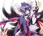  1girl black_gloves black_legwear choker cxyz_dark_fairy_cheer_girl duel_monster fingerless_gloves gloves hair_ornament high_heels kanaria_(fuusenkazura) knees_up leg_up pantyhose purple_hair red_eyes short_hair sitting solo staff yuu-gi-ou 