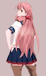  1girl akashi_(kantai_collection) back kantai_collection long_hair looking_back ojipon pink_hair school_uniform serafuku skirt thigh-highs zettai_ryouiki 