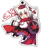  1girl animal_ears blush chibi detached_sleeves hat inubashiri_momiji looking_at_viewer open_mouth pom_pom_(clothes) red_eyes red_scarf scarf shield short_hair silver_hair simple_background skirt solo tail tokin_hat toufukin touhou translation_request white_background wolf_ears wolf_tail 