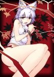  1girl animal_ears autumn_leaves bare_arms bare_legs bare_shoulders hands_tied inubashiri_momiji looking_at_viewer no_pants open_mouth panties red_eyes red_panties shirt silver_hair sleeveless sleeveless_shirt solo sweat taketora_suzume touhou underwear white_hair wolf_ears 