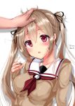  1girl brown_eyes brown_hair cardigan kantai_collection long_hair mokufuu murasame_(kantai_collection) petting school_uniform serafuku twintails 