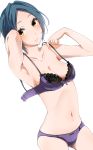  1girl black_hair bra breasts hayami_kanade highres idolmaster idolmaster_cinderella_girls murabito_c navel panties short_hair simple_background solo underwear underwear_only undressing yellow_eyes 