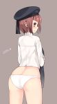  1girl 2015 ass auburn_hair blush brown_eyes brown_hair butt_crack cowboy_shot dated dress_shirt from_behind grey_background hat highres holding holding_clothes kantai_collection kuro_chairo_no_neko long_sleeves looking_back open_mouth panties paw_print sailor_hat shiny shiny_skin shirt short_hair simple_background smile solo twitter_username underwear undressing white_panties white_shirt z3_max_schultz_(kantai_collection) 