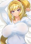 1girl arm_up blonde_hair breasts covered_nipples large_breasts long_hair looking_at_viewer nuezou ponytail solo very_long_hair violet_eyes 