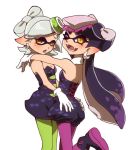  +_+ 2girls aori_(splatoon) black_hair brown_eyes detached_collar dress earrings fangs food food_on_head gloves grey_hair honcha hotaru_(splatoon) hug jewelry leg_up long_hair looking_at_viewer mask mole mole_under_eye multiple_girls object_on_head one_eye_closed open_mouth pantyhose pointy_ears shoes short_hair short_jumpsuit smile splatoon standing strapless strapless_dress tentacle_hair white_background white_gloves 