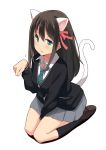  1girl animal_ears between_thighs black_hair black_legwear cardigan cat_ears cat_tail flying_sweatdrops from_above green_eyes hair_ribbon idolmaster idolmaster_cinderella_girls kekemotsu kneehighs kneeling knees_together_feet_apart loafers looking_at_viewer necktie open_mouth paw_pose pleated_skirt ribbon school_uniform shibuya_rin shoes simple_background skirt solo sweatdrop tail white_background 