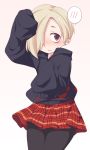  1girl asymmetrical_hair black_legwear blonde_hair blush ear_piercing ear_studs earrings full-face_blush hair_over_one_eye idolmaster idolmaster_cinderella_girls jewelry oversized_clothes pantyhose piercing plaid plaid_skirt shirasaka_koume short_hair skirt sleeves_past_wrists solo spoken_blush sweater ushi 