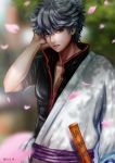 1boy absurdres blurry dated depth_of_field gintama hand_on_head highres japanese_clothes male_focus petals pole red_eyes sakata_gintoki shade silver_hair solo upper_body x3xlll 