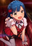  1girl ayano_yuu_(sonma_1426) blue_hair fang fingerless_gloves gloves idolmaster idolmaster_million_live! looking_at_viewer my_dear_vampire nanao_yuriko open_mouth smile solo spider_web_print thigh-highs yellow_eyes 