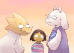  2girls alphys androgynous arms_behind_back bespectacled frisk_(undertale) glasses gradient gradient_background horns labcoat multiple_girls shirt striped striped_shirt toriel undertale upper_body yellow_skin 