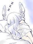  1girl chibi from_behind hakkai headgear highres kantai_collection murakumo_(kantai_collection) pillow sketch sleeping solo under_blanket white_hair zzz 