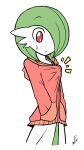  /\/\/\ 2014 clothed_pokemon dated doodle gardevoir green_hair hands_in_pocket hoodie no_humans pokemon rakkuguy red_eyes signature simple_background solo sweatdrop white_background white_skin 