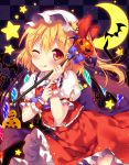  1girl ascot bat baton blonde_hair blush bow crescent flandre_scarlet halloween hat hat_bow jack-o&#039;-lantern licking_lips looking_at_viewer mob_cap one_eye_closed puffy_short_sleeves puffy_sleeves red_eyes riichu shirt short_sleeves side_ponytail skirt skirt_set smile solo star tongue tongue_out touhou vest wings wrist_cuffs 