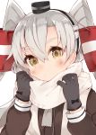  1girl amatsukaze_(kantai_collection) black_gloves close-up commentary gloves hair_between_eyes hair_ornament hair_tubes kantai_collection kou_mashiro light_brown_eyes long_hair long_sleeves looking_at_viewer ribbon scarf silver_hair simple_background solo two_side_up white_background windsock 