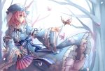  1girl bare_tree blue_bow blue_dress blue_hat blue_ribbon bow butterfly dress fan floral_print folding_fan frilled_dress frilled_sleeves frills garters gyaza hat holding outstretched_arm pink_eyes pink_hair reaching reaching_out ribbon saigyouji_yuyuko short_hair solo standing touhou tree triangular_headpiece wide_sleeves 