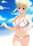  1girl absurdres ahoge artist_request bikini blonde_hair blush breasts cleavage fate/stay_night fate_(series) highres large_breasts saber smile solo swimsuit thighs yellow_eyes 